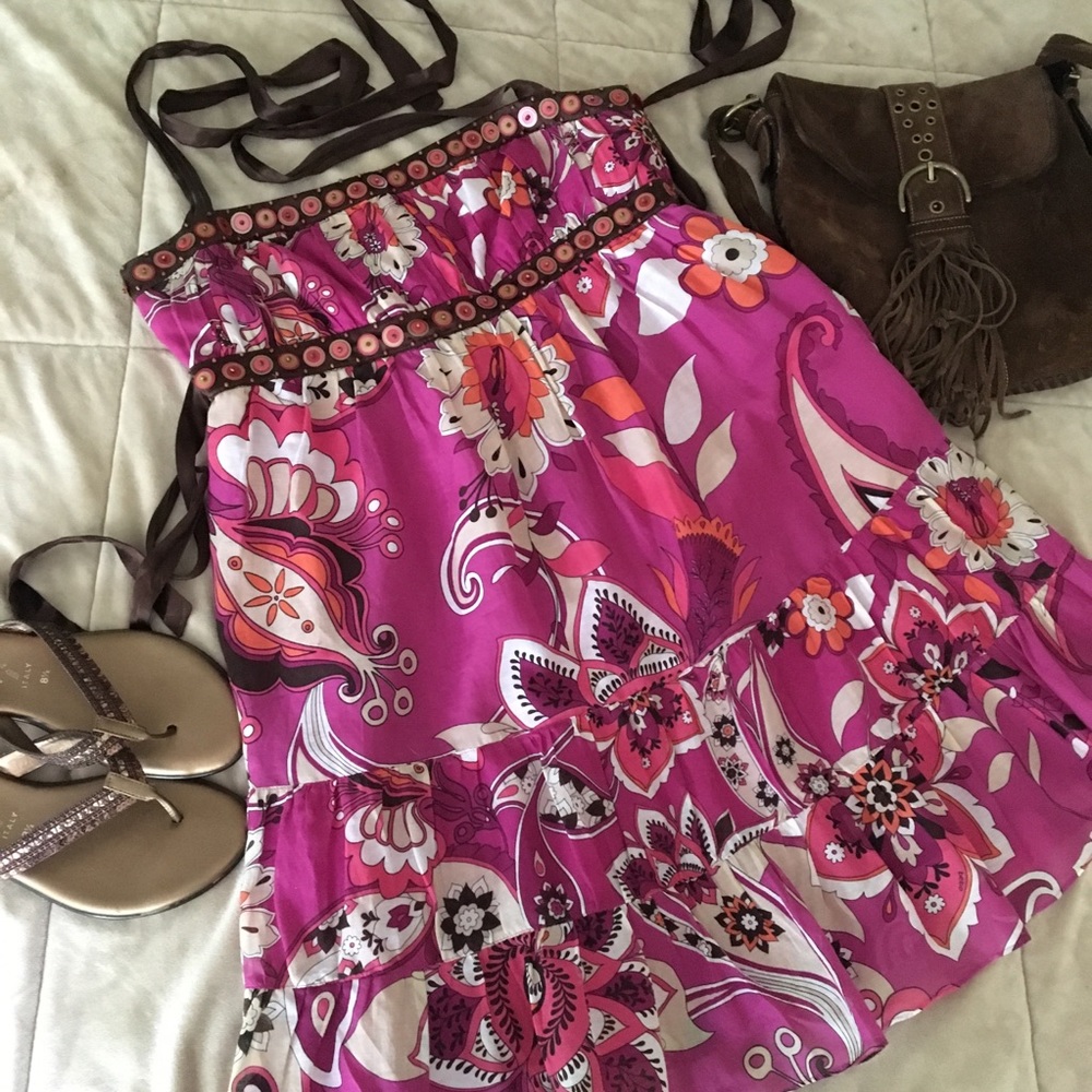 Bebe bohemian print halter tie mini dress